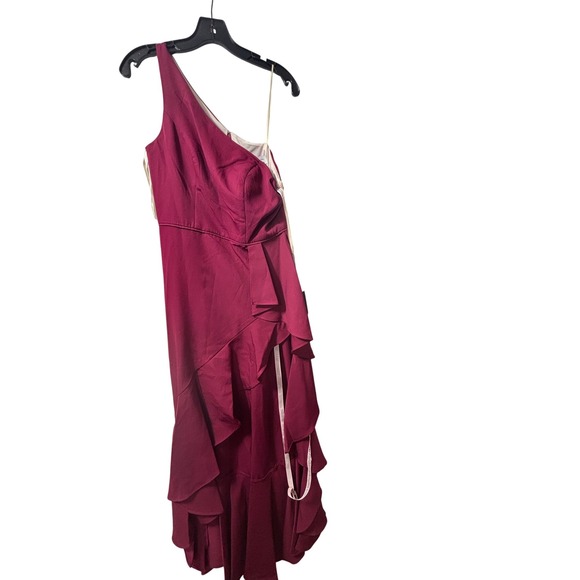 Ieena For Mac Duggal NEW One Shoulder High Slit Ruffle Gown Berry Sz 6 MSRP $358 - Picture 4 of 11